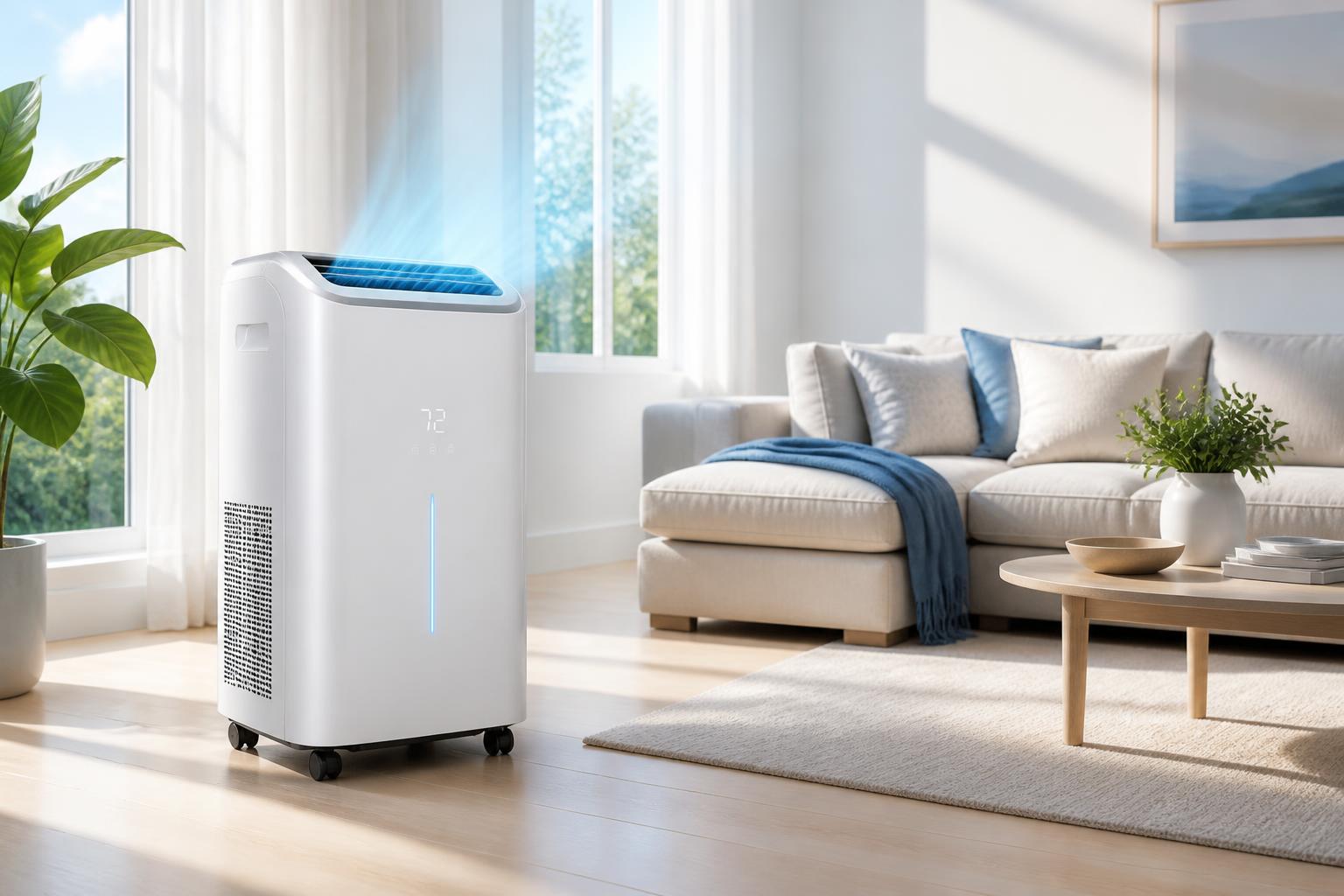 Climatiseur portable moderne dans un salon lumineux